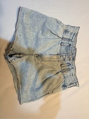 Express Light Blue High-Rise Pleated Denim Shorts